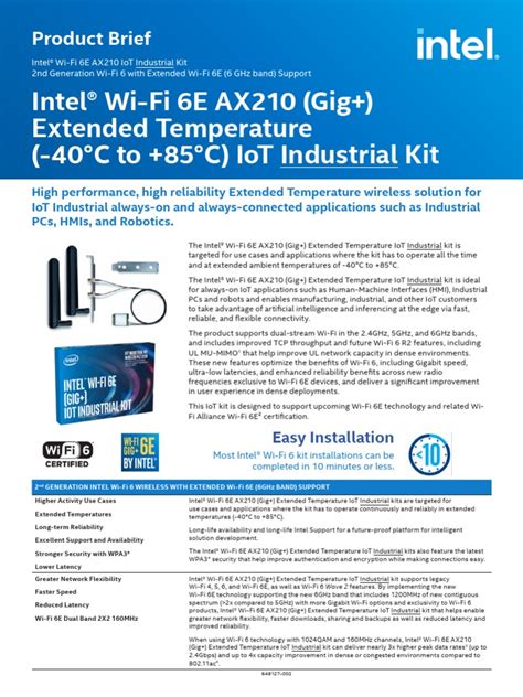 Intel WiFi 6E AX210 Gig Industrial Product Specifications.